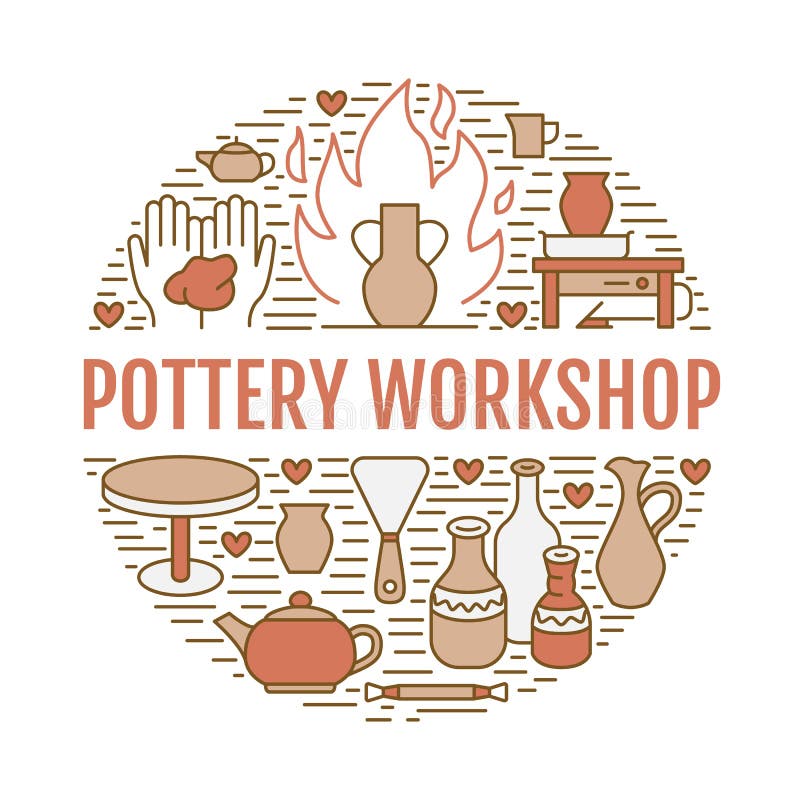 Krukmakeriseminariet, keramik klassificerar banerillustrationen Vektorlinje symbol av lerastudiohjälpmedel Handbyggnad royaltyfri illustrationer