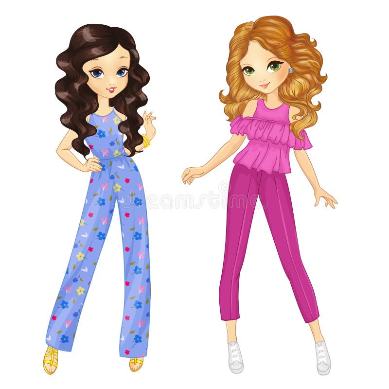 Krullende Meisjes in Zomerkleding royalty-vrije illustratie