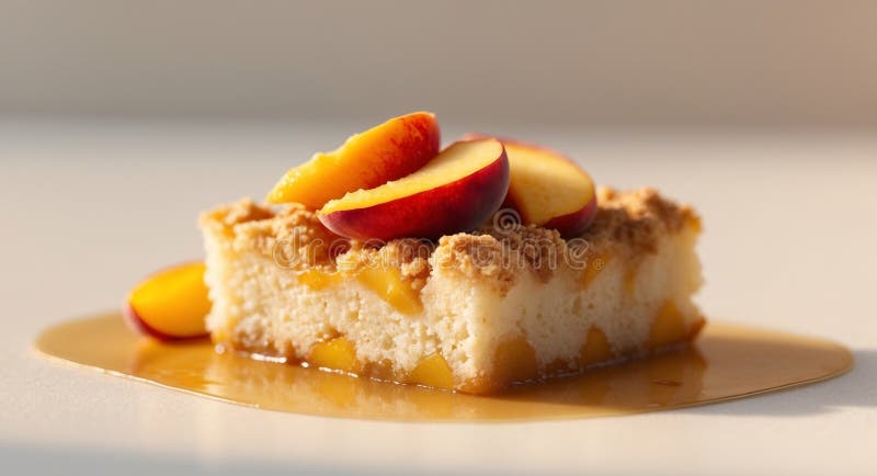 Krummelkuchen mit Karamellsirup und Pfirsichscheiben. lizenzfreie stockfotos