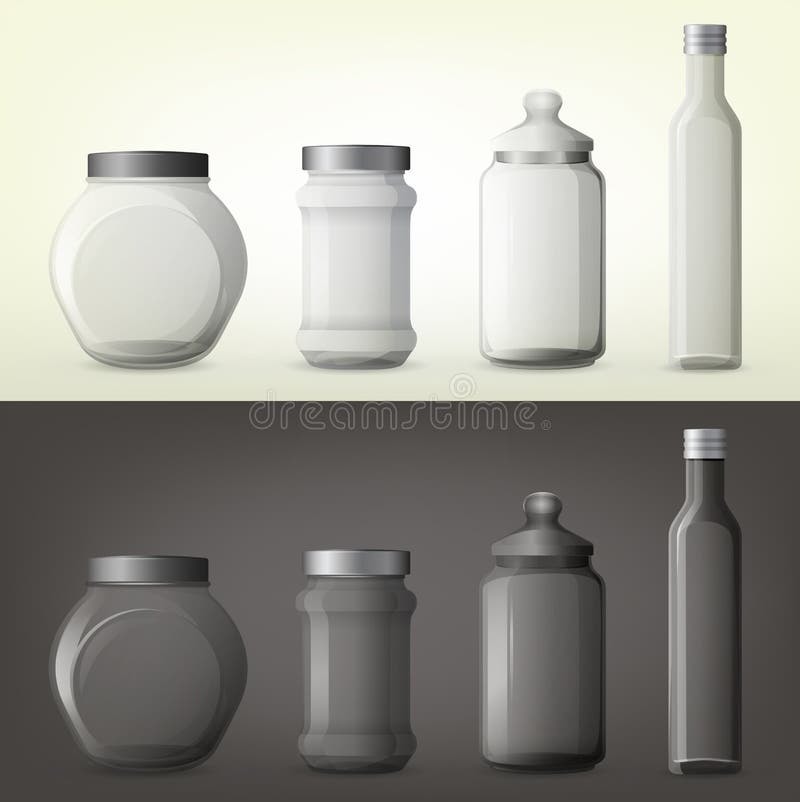 Set of isolated glassware bottles for spicy cooking ingredient. Jar with spice or container for seasoning, can for salty herb. Nutrition and cook, organic food and kitchen utensil, gourmet theme. Set of isolated glassware bottles for spicy cooking ingredient. Jar with spice or container for seasoning, can for salty herb. Nutrition and cook, organic food and kitchen utensil, gourmet theme
