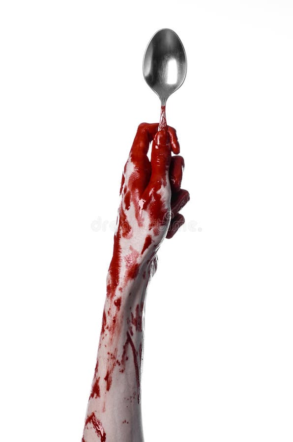Krwista ręka trzyma łyżkę, rozwidlenie, Halloween temat, krwista łyżka, rozwidlenie, biały tło, odizolowywający obrazy royalty free Krwista ręka trzyma łyżkę, rozwidlenie, Halloween temat, krwista łyżka, rozwidlenie, biały tło, odizolowywający obrazy royalty free