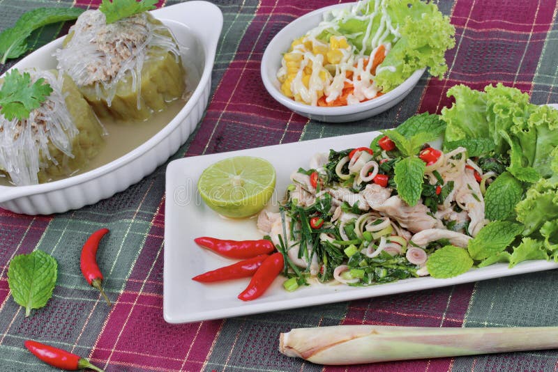 Kryddig och sur blandad örtsallad med kött- och sidomaträtten Selektivt fokusera fotografering för bildbyråer Kryddig och sur blandad örtsallad med kött- och sidomaträtten Selektivt fokusera fotografering för bildbyråer