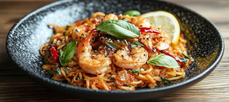 Kryddig räka pasta en utsökt kulindisk med örter och citronklövar royaltyfri illustrationer