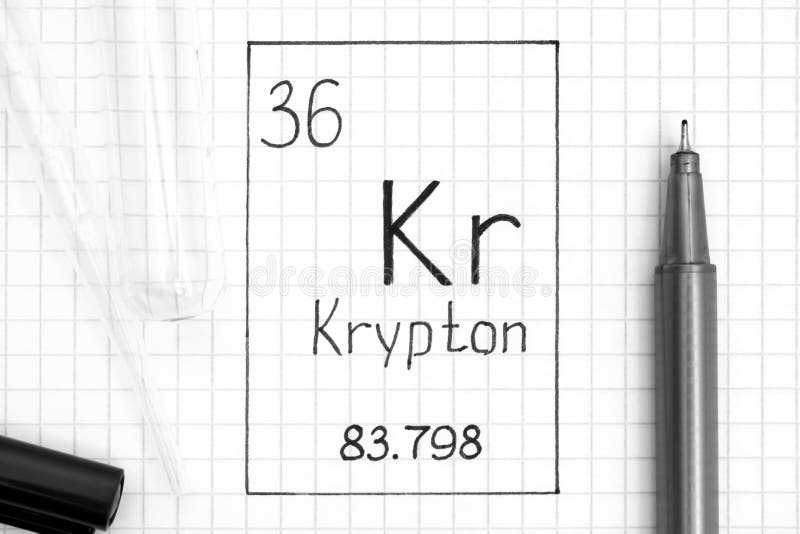 Krypton-Kr chemisches Element der Handschrift mit schwarzem Stift, Reagenzglas und Pipette