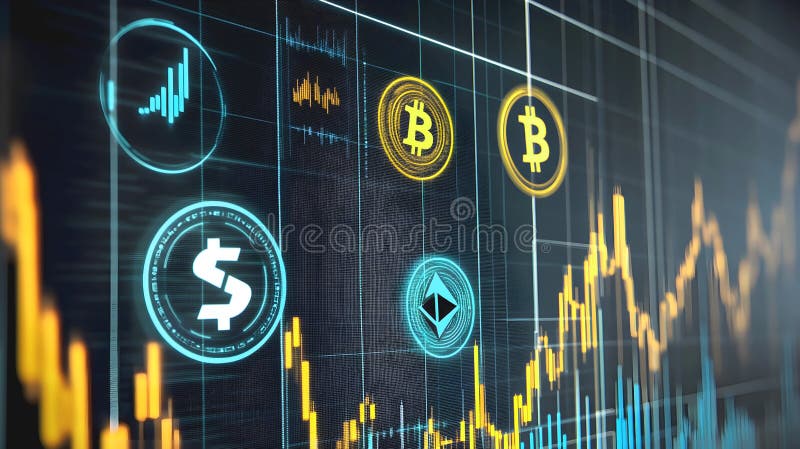Kryptovalutahandel med bitmyntefrukter och dollarsymboler finansiella diagram och marknadsdata royaltyfri bild