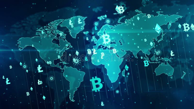 Kryptowährungs- und Bitcoin-Symbole auf digitaler Weltkarte und nahtloser Hintergrund lizenzfreie abbildung