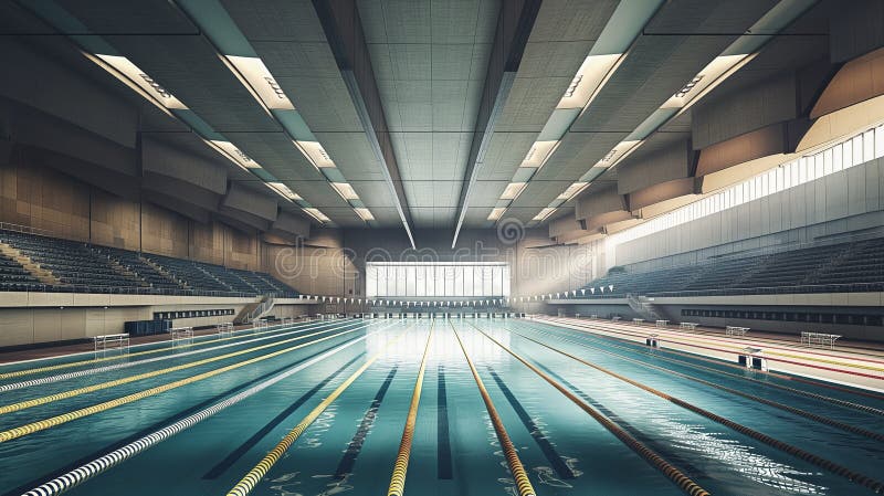 Kryty basen olimpijski z krystalicznie czystą wodą nowoczesny projekt i jasnym oświetleniem napowietrznym dla spektakularnych. Kryty basen olimpijski z jasnym oświetleniem napowietrznym i pustymi podstawkami. basen wypełniony jest krystaliczną wodą i posiada znaczniki pasa na dole. wygenerowane przez ai