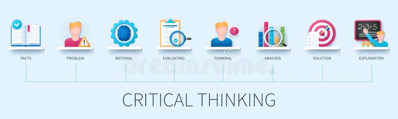 Critical thinking banner with icons. Facts, problem, rational, evaluating, thinking, analysis, solution, explanation icons. Business concept. Web vector infographic in 3D style. Critical thinking banner with icons. Facts, problem, rational, evaluating, thinking, analysis, solution, explanation icons. Business concept. Web vector infographic in 3D style