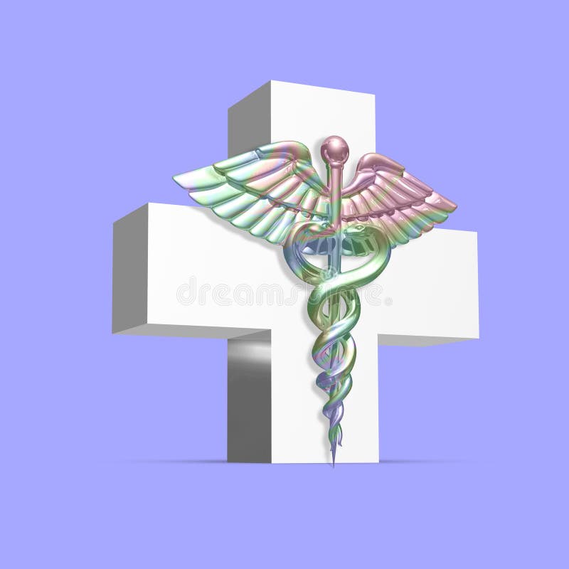 Krzyż medyczny 3D w kolorze białym z kolorowym symbolem ikonowym Caduceus royalty ilustracja