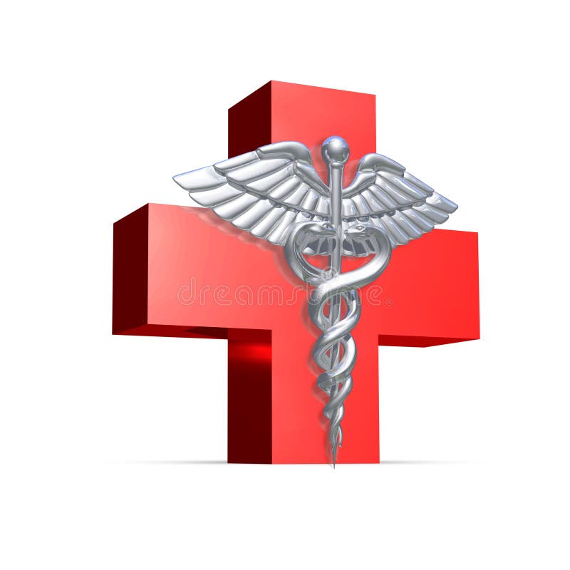 Krzyż Medyczny 3D w kolorze czerwonym ze znakiem ikonowym Silver Caduceus ilustracji