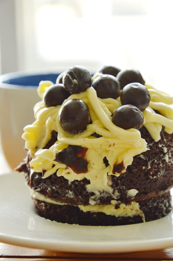 Kräm och boll för vanilj för toppning för chokladkaka med kaffe royaltyfri bild Kräm och boll för vanilj för toppning för chokladkaka med kaffe royaltyfri bild