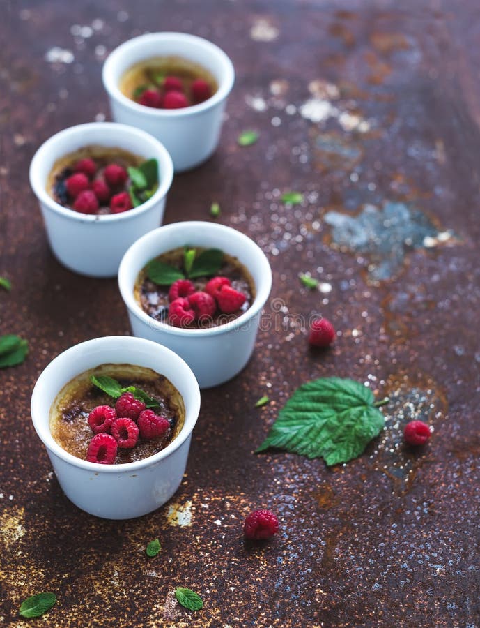 Krämbrulees med hallon och mintkaramellen i vit royaltyfri bild Krämbrulees med hallon och mintkaramellen i vit royaltyfri bild