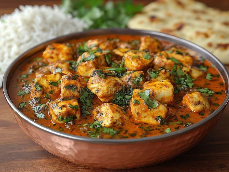 Krämkyckling tikka masala i kopparskål vektor illustrationer