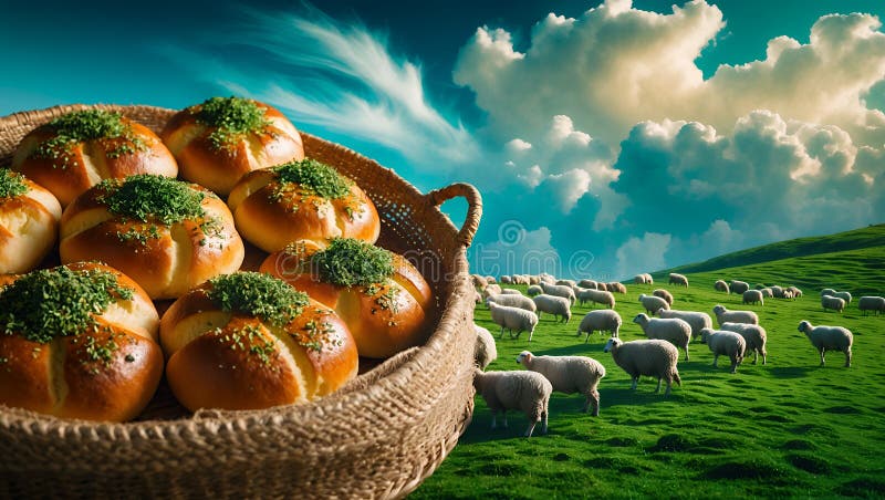 Kräuterbüsten in einem Korb gegen eine Pastoralszene vektor abbildung