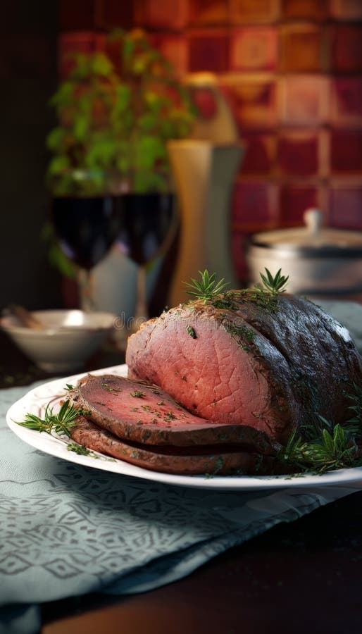 Köstliches, mit Kräutern garniertes, ofengeröstetes Rindfleisch in einer gemütlichen Küchenumgebung mit satten, einladenden Farben lizenzfreie abbildung