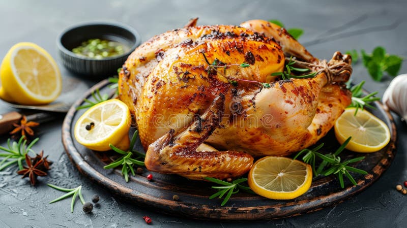 Kräutergeruhhuhn mit Zitronenschnitzen auf realistische Lebensmittelfotografie lizenzfreie abbildung