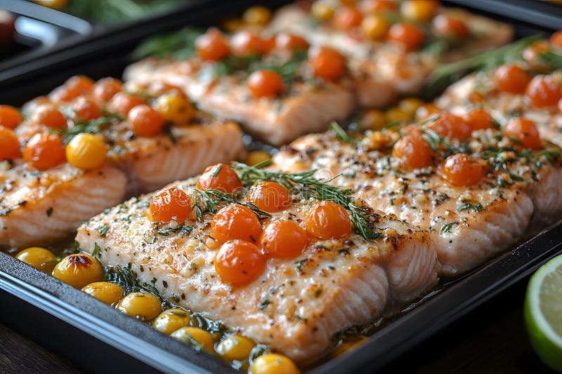 Kräuterkraut gebackener Lachs mit Kirschtomaten für ein Gourmet-Mehlspeise AI vektor abbildung