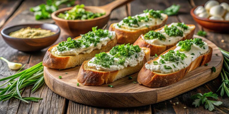 Kräuterkraut und Käse Crostini auf rustikalem Holzbrett. Generative AI lizenzfreie abbildung