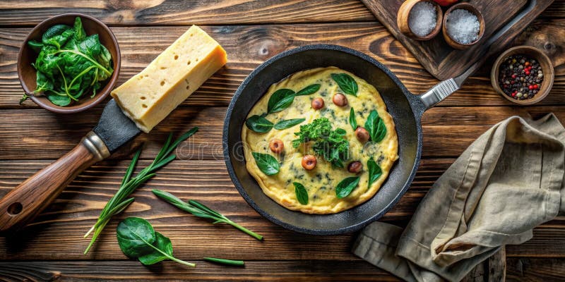 Kräutern und Käse-Omelette in Gusseisen. Generative AI stock abbildung