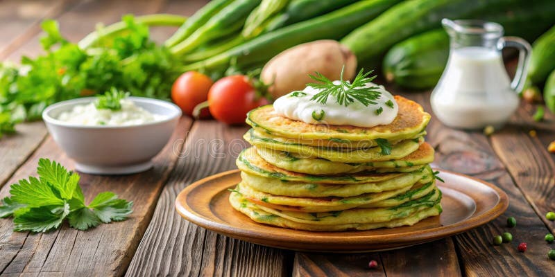 Kräuterpfannkuchen hoch gestapelt mit cremiger Spitze auf rustikalen Holztisch. Generative AI stock abbildung
