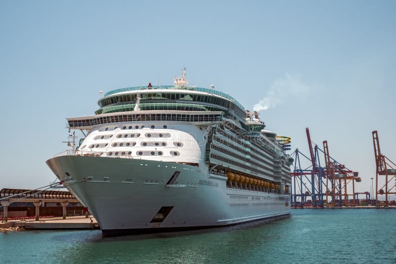 Malaga, Spain - June 26, 2018. Royal Caribbean Independence of the Seas cruise ship docked at the port of Malaga city, Costa del Sol, Malaga Province, Andalucia, Spain, Western Europe. Malaga, Spain - June 26, 2018. Royal Caribbean Independence of the Seas cruise ship docked at the port of Malaga city, Costa del Sol, Malaga Province, Andalucia, Spain, Western Europe