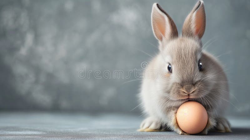 Easter bunny rabbit with egg on gray background. High quality photo AI generated. Easter bunny rabbit with egg on gray background. High quality photo AI generated