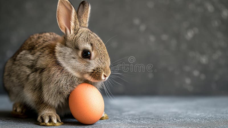 Easter bunny rabbit with egg on gray background. High quality photo AI generated. Easter bunny rabbit with egg on gray background. High quality photo AI generated