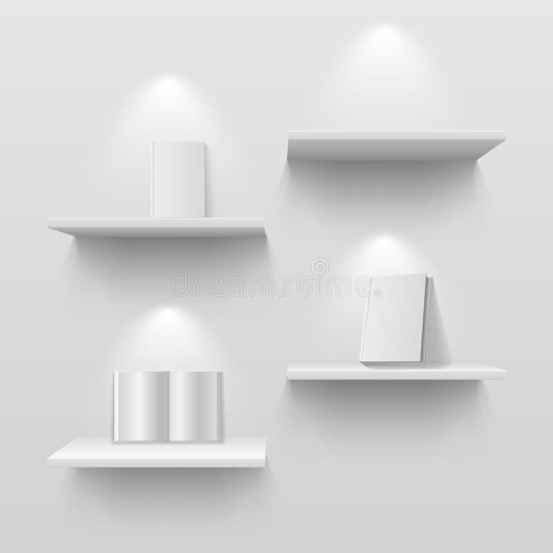 Ksi??ki na p??kach Pusta biel 3d odizolowywająca półka na książki na dom ścianie Kreatywnie wektorowy mockup z cieniami royalty ilustracja Ksi??ki na p??kach Pusta biel 3d odizolowywająca półka na książki na dom ścianie Kreatywnie wektorowy mockup z cieniami royalty ilustracja