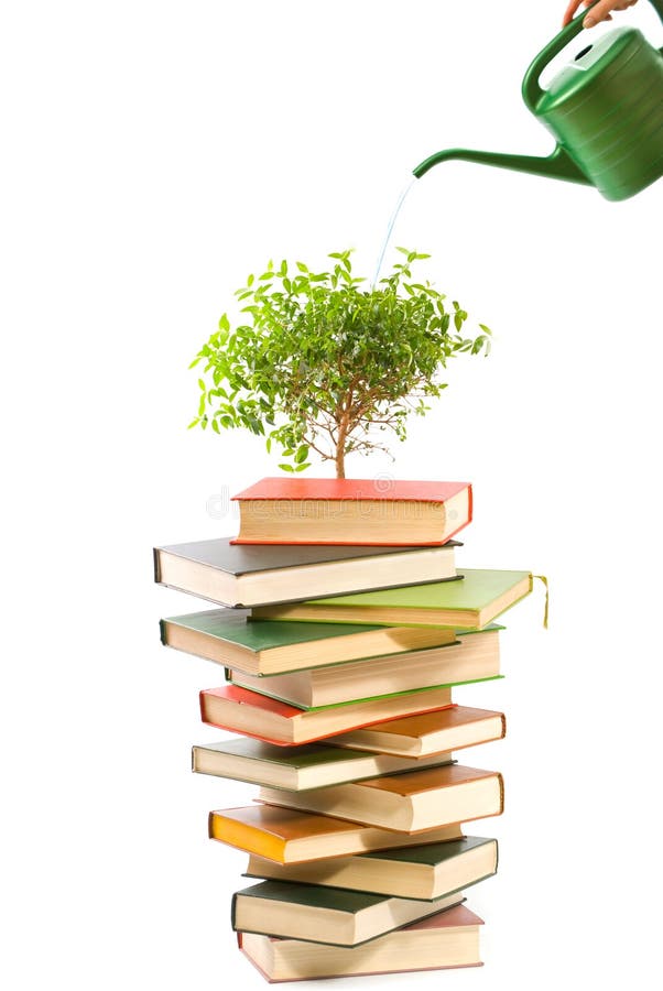 Books and watering pot isolated on white background. Books and watering pot isolated on white background