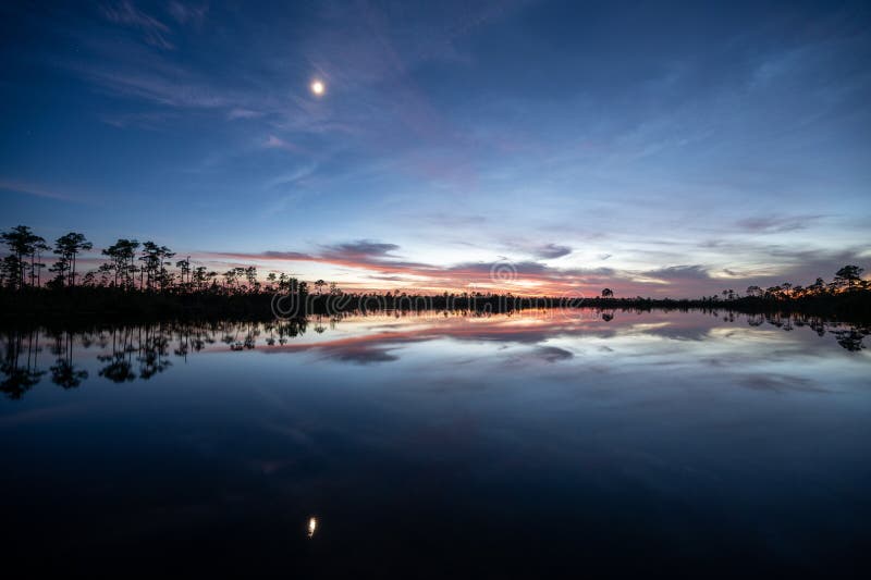 Księżyc i mrok chmury nad jeziorem sosnowym w parku narodowym everglades. obraz stock