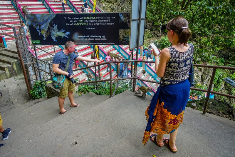 Kuala Lumpur, Malaisie - 9 mars 2017 : Les touristes inconnus photographiant des singes dans Batu foudroie, une colline de chaux photos libres de droits Kuala Lumpur, Malaisie - 9 mars 2017 : Les touristes inconnus photographiant des singes dans Batu foudroie, une colline de chaux photos libres de droits