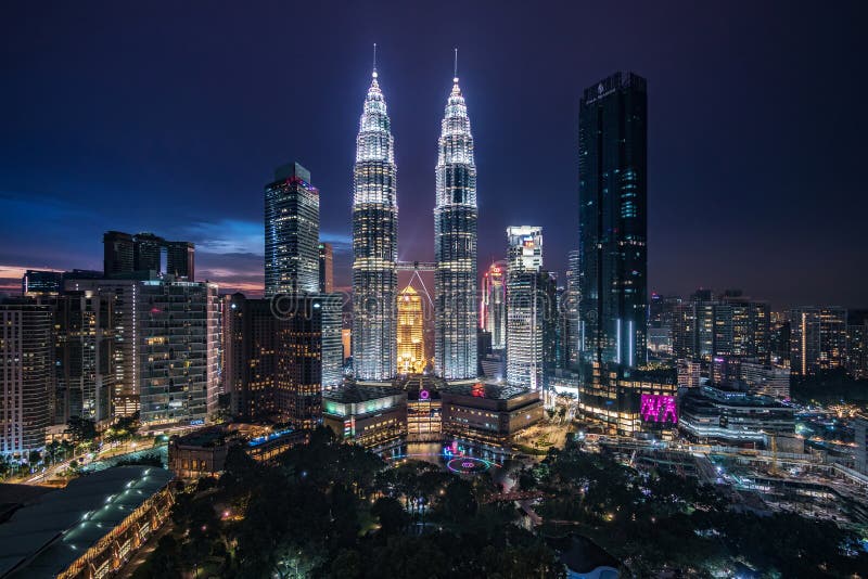 National Landmark Petronas Twin Towers at Night in Kuala Lumpur, Malaysia