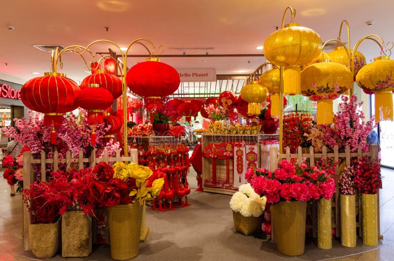 Variety types of Chinese New Year decoration selling in the Mid Valley Megamall. royalty free stock image Variety types of Chinese New Year decoration selling in the Mid Valley Megamall. royalty free stock image