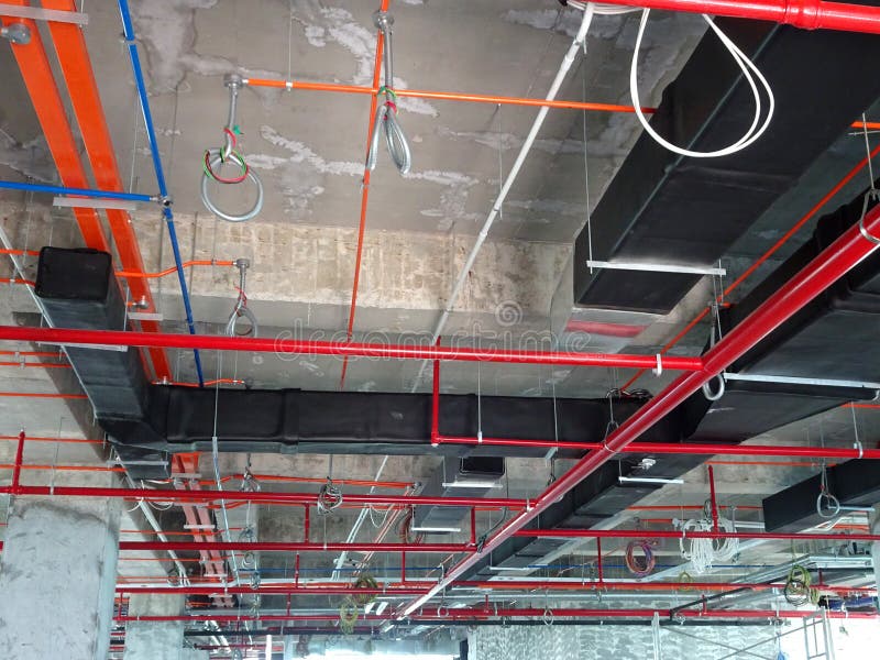 Air condition duct and other services above ceiling level stock photos