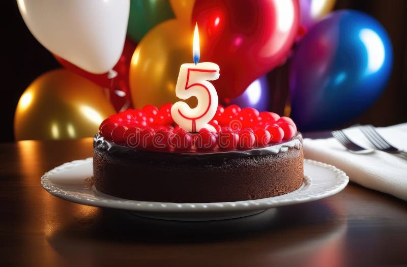 Kuchen mit beleuchteter Kerze in Form von Nummer fünf Kinder Geburtstagsparty mit Ballons lizenzfreie abbildung