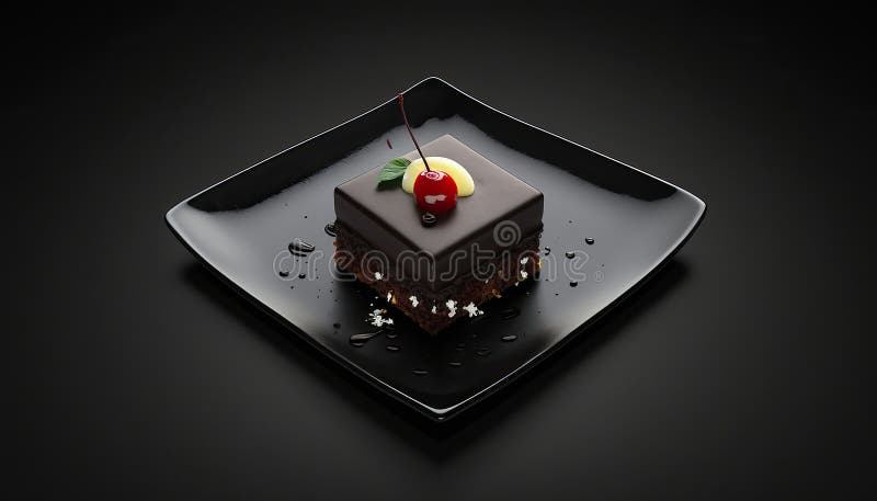Kuchen Kuchen schwarzen Kuchen Stück Kirsche auf einem dunkelschwarzen Hintergrund. stockfotografie