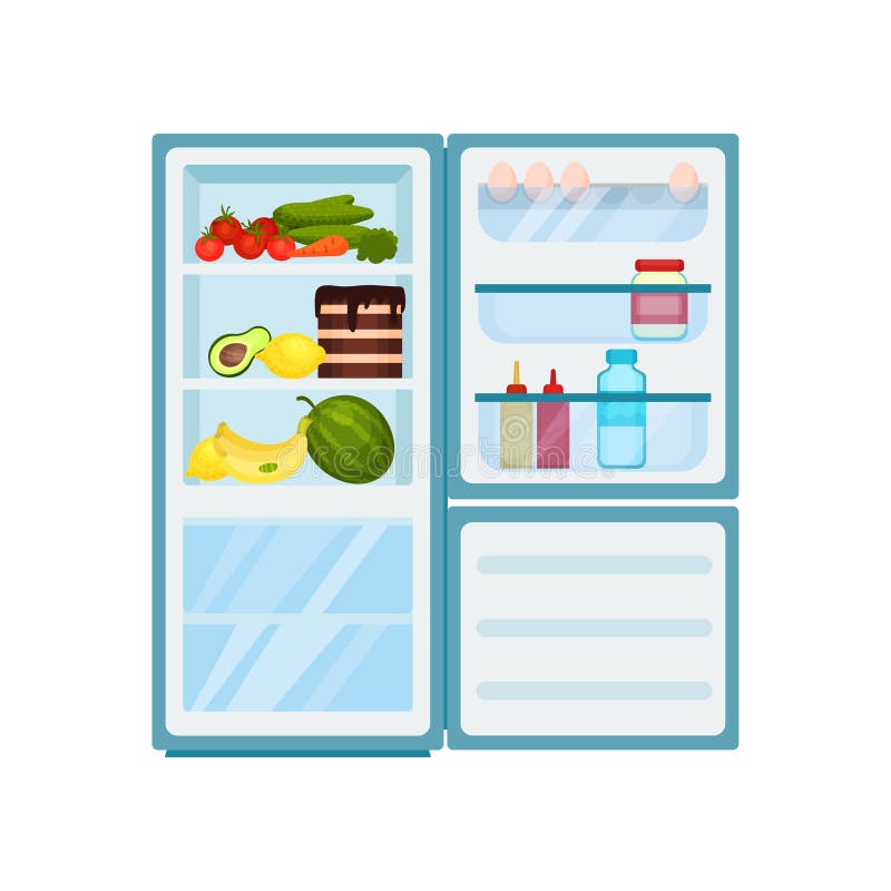 Kuchenny fridge pełno produkty open refrigerator Świezi warzywa i owoc, smakowity tort Płaski wektorowy projekt ilustracji Kuchenny fridge pełno produkty open refrigerator Świezi warzywa i owoc, smakowity tort Płaski wektorowy projekt ilustracji