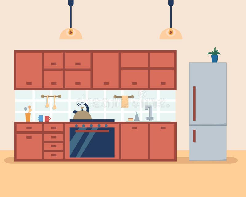 Kuchenny wnętrze z meble, kuchenka, spiżarnia, fridge i naczynia, Płaska kreskówka stylu wektoru ilustracja royalty ilustracja Kuchenny wnętrze z meble, kuchenka, spiżarnia, fridge i naczynia, Płaska kreskówka stylu wektoru ilustracja royalty ilustracja