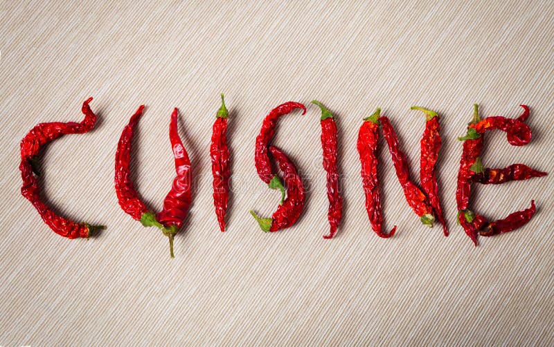 kuchnia Słowo z wysuszonym gorącym chili pieprzem obraz stock kuchnia Słowo z wysuszonym gorącym chili pieprzem obraz stock
