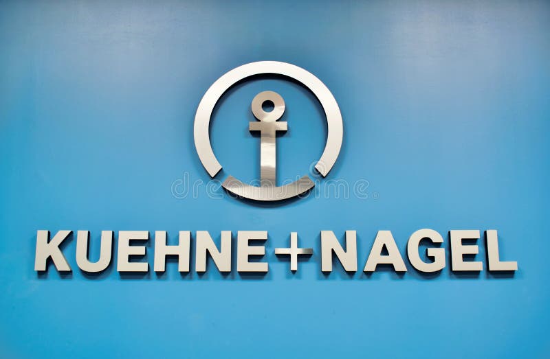 Houston, Texas/USA 10/01/2019: Kuehne + Nagel sign and logo on blue wall of their offices in Houston, TX. Established in Germany 1890, it is a large freight logistics company with locations worldwide. Houston, Texas/USA 10/01/2019: Kuehne + Nagel sign and logo on blue wall of their offices in Houston, TX. Established in Germany 1890, it is a large freight logistics company with locations worldwide.