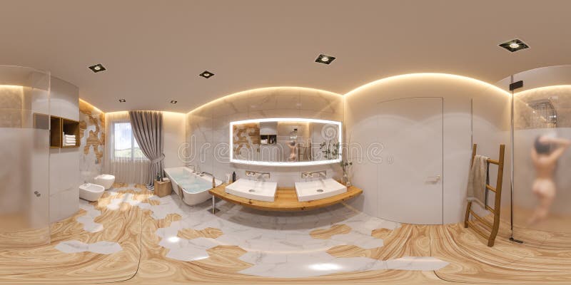 kugelförmige 360 Grad der Illustration 3d, Innenarchitektur des nahtlosen Panoramabadezimmers vektor abbildung kugelförmige 360 Grad der Illustration 3d, Innenarchitektur des nahtlosen Panoramabadezimmers vektor abbildung