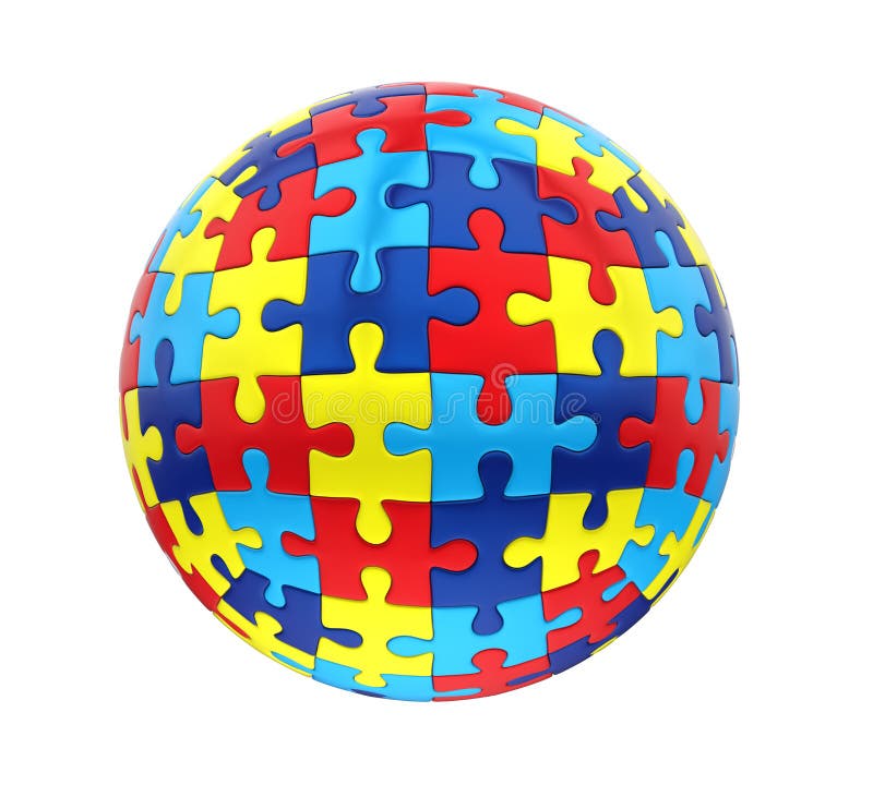 Spherical Puzzle Autism Awareness isolated on white background. 3D render. Spherical Puzzle Autism Awareness isolated on white background. 3D render