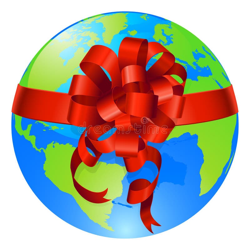 Illustration of a world globe with gift bow round it. Concept for opportunity or being given the world, or for the world being a precious gift. Illustration of a world globe with gift bow round it. Concept for opportunity or being given the world, or for the world being a precious gift.