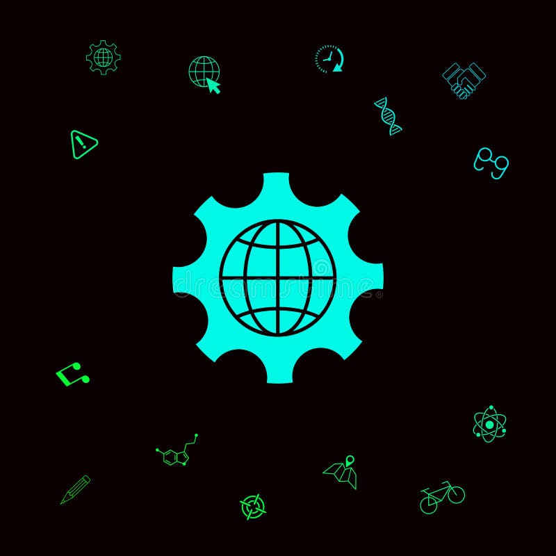 Kula ziemska ziemia wśrodku cog lub przekładni, ustawia parametry, Globalna opci ikona Graficzni elementy dla twój designt ilustracji Kula ziemska ziemia wśrodku cog lub przekładni, ustawia parametry, Globalna opci ikona Graficzni elementy dla twój designt ilustracji