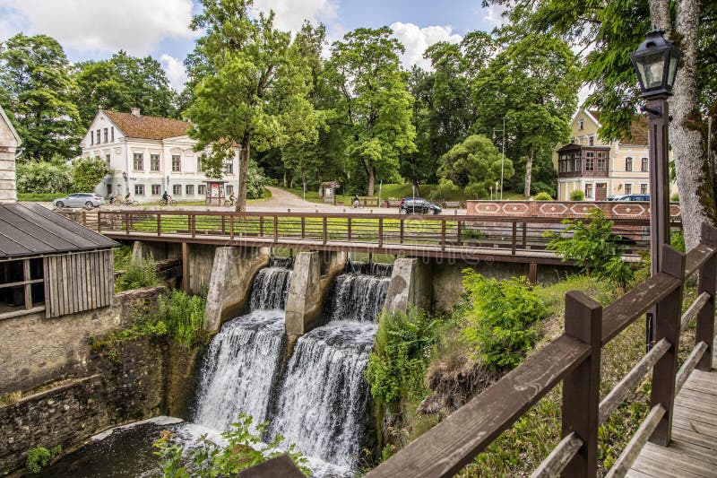 Kuldiga, Latvia - July 3, 2023: Aleksupite waterfall during summer. stock image