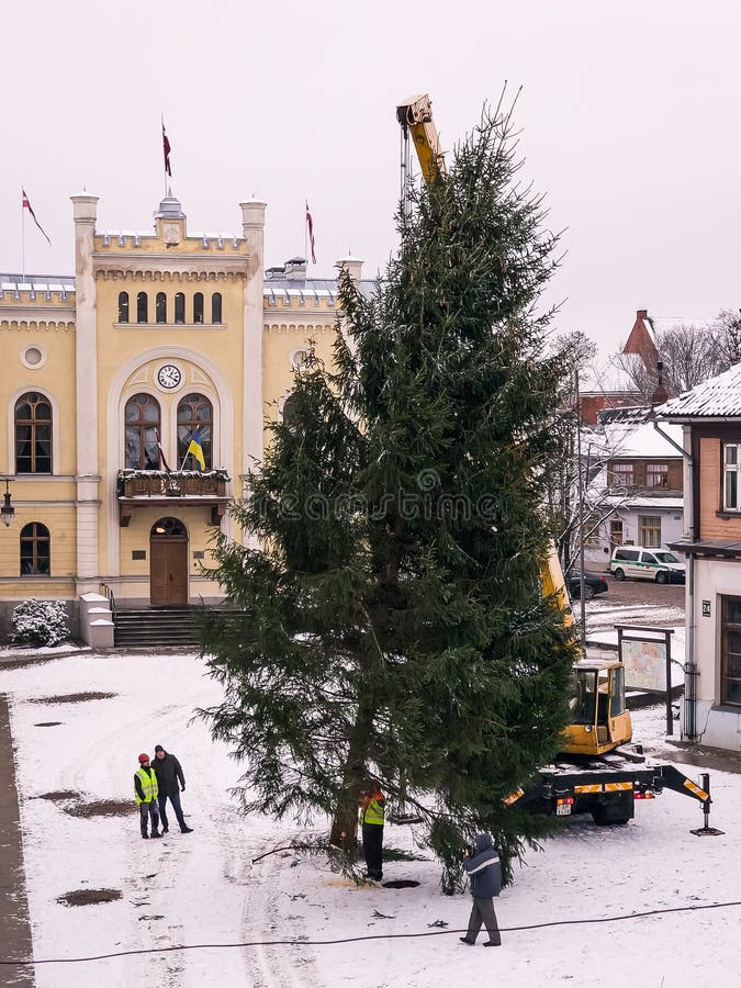 Kuldiga, Latvia November 28, 2022 a Christmas Tree is Installed with