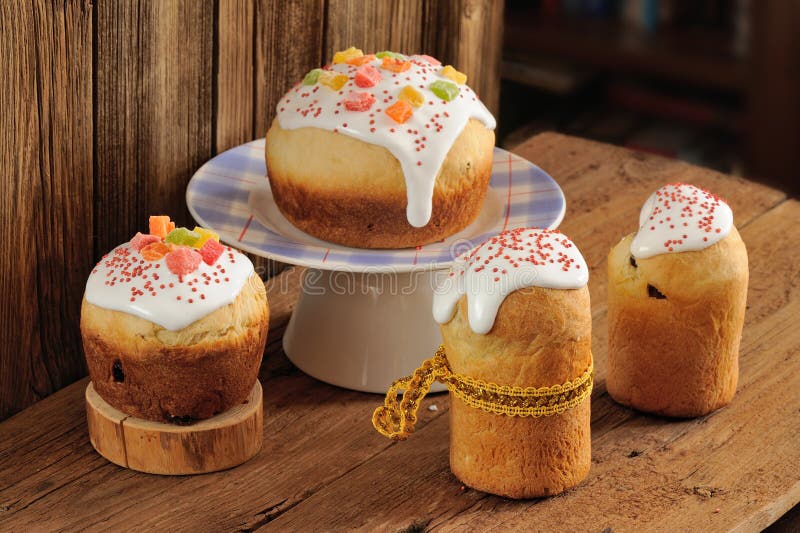Kulich, Russian Easter Sweet Breads Decorated with Icing and Can Stock ...