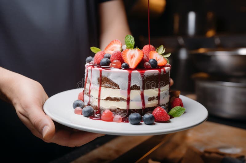 Kulinarische Opulenz handgefertigter Mousse Kuchen in den Händen der Köche lizenzfreie abbildung