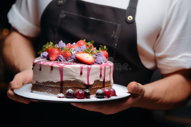 Kulinarische Opulenz handgefertigter Mousse Kuchen in den Händen der Köche lizenzfreie abbildung
