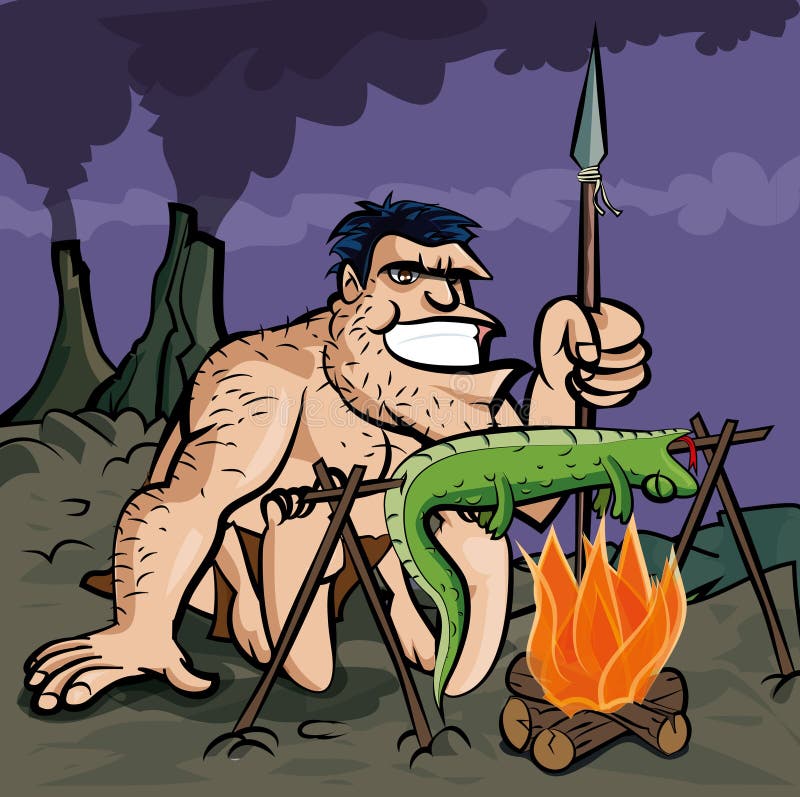 Caveman cooking a lizard over an open fire. Volcanos in the distance. Caveman cooking a lizard over an open fire. Volcanos in the distance